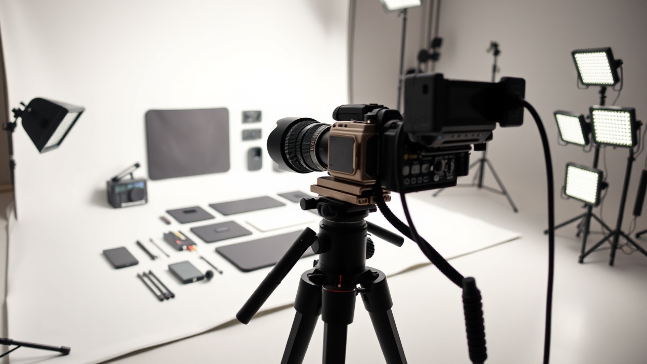 Professional photography setup with modular camera components on a white background